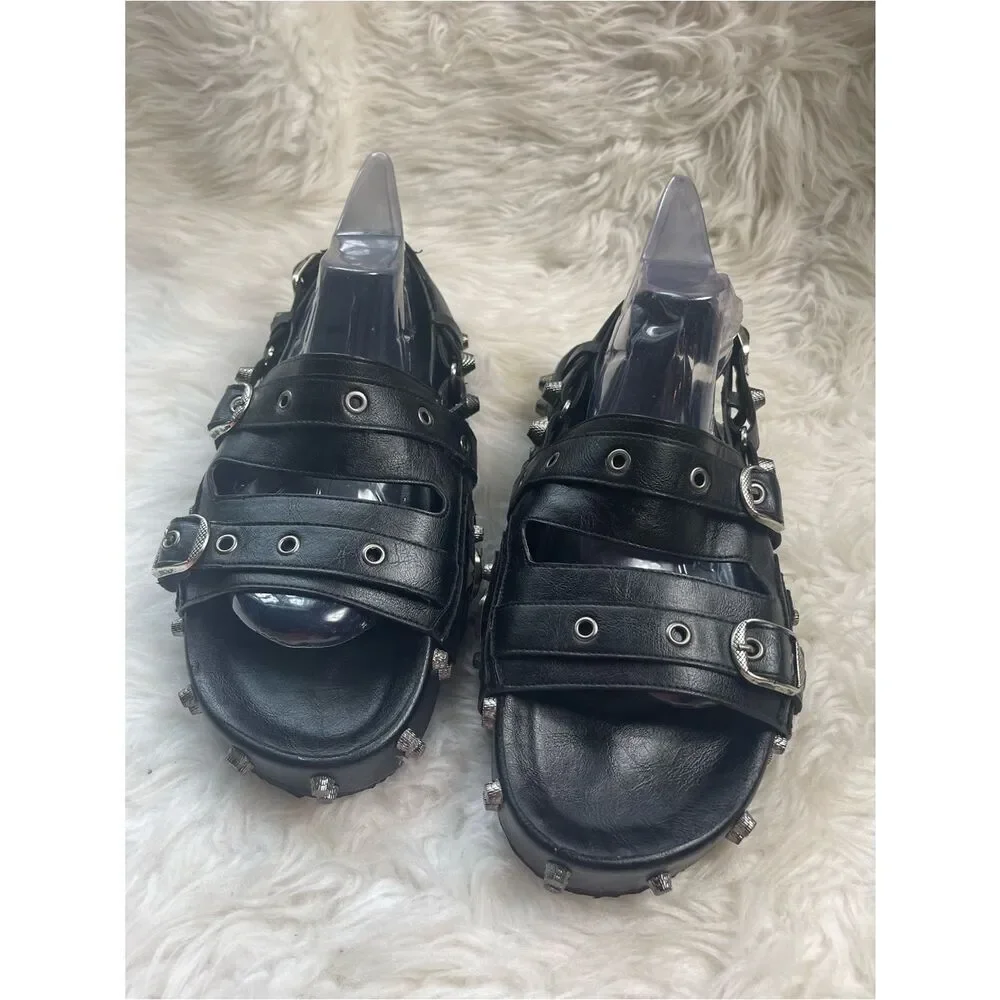 Vesta synthetic Black Studded Buckle Platform Sandals.Goth style SZ11.5